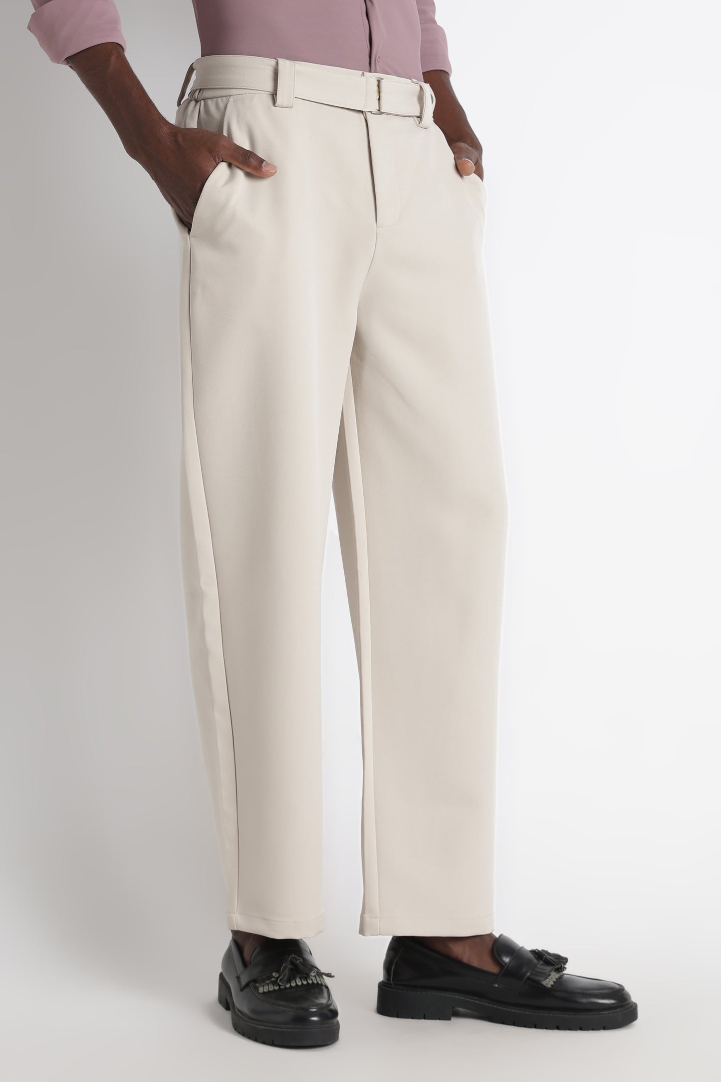 Modern Casual Trousers with Belt Detail Cream