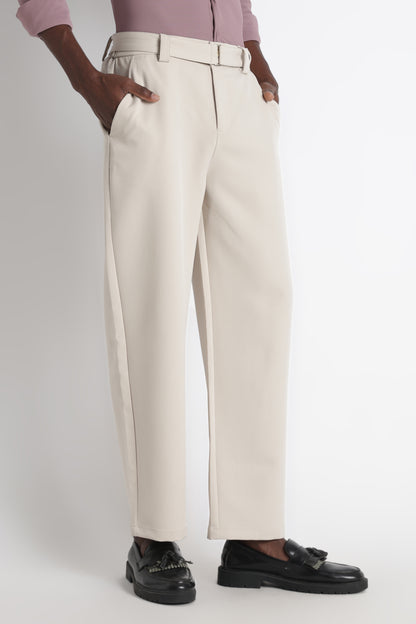 Modern Casual Trousers with Belt Detail Cream