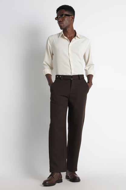 Modern Casual Trousers with Belt Detail Dk Brown