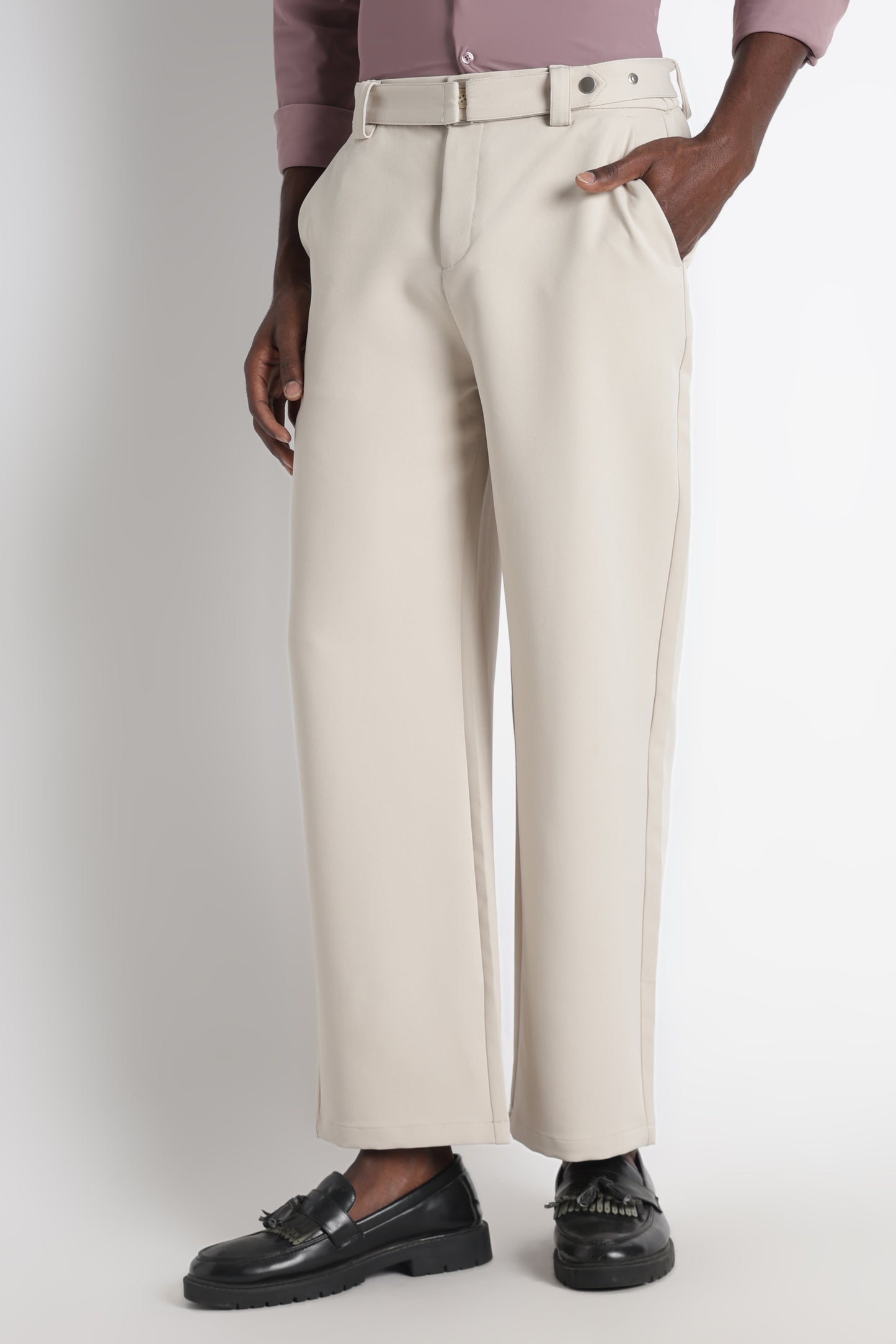Modern Casual Trousers with Belt Detail Cream