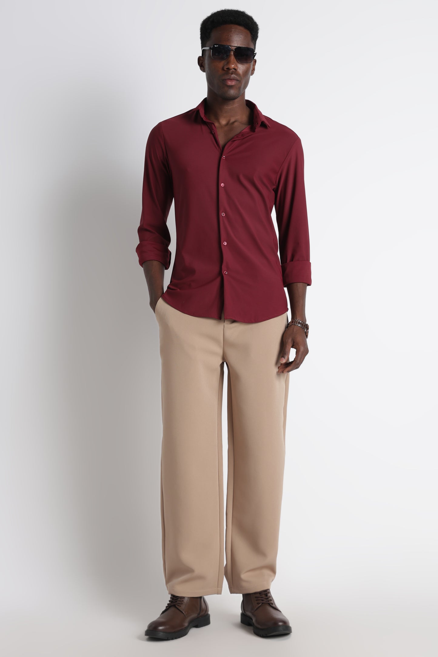 Premium Knitted Slim Fit Casual Shirt Maroon