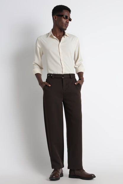 Modern Casual Trousers with Belt Detail Dk Brown