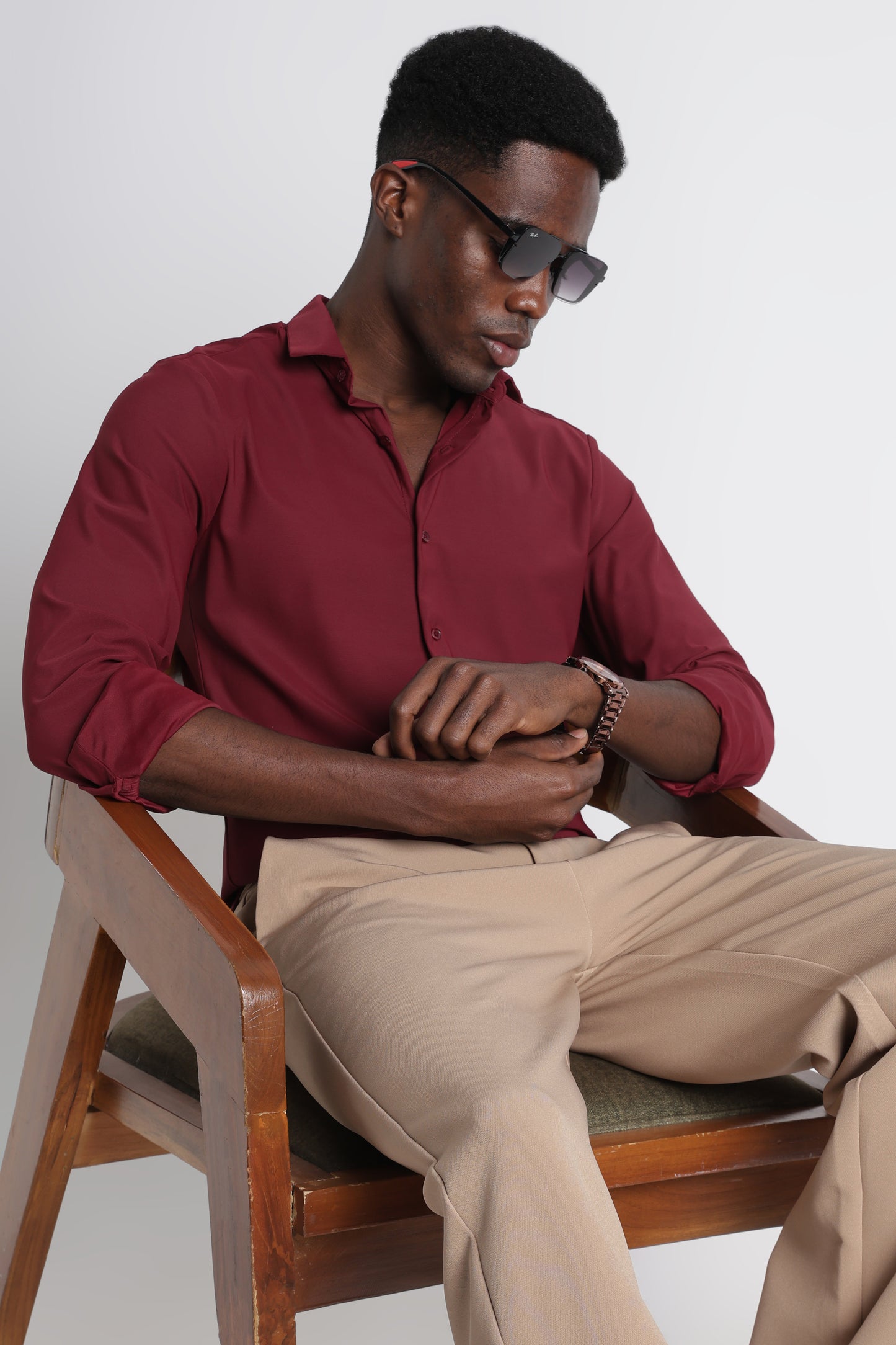 Premium Knitted Slim Fit Casual Shirt Maroon