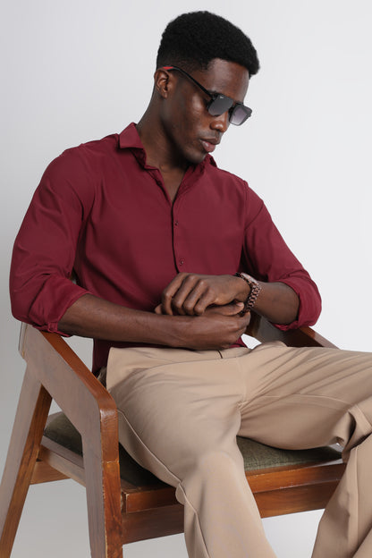 Premium Knitted Slim Fit Casual Shirt Maroon