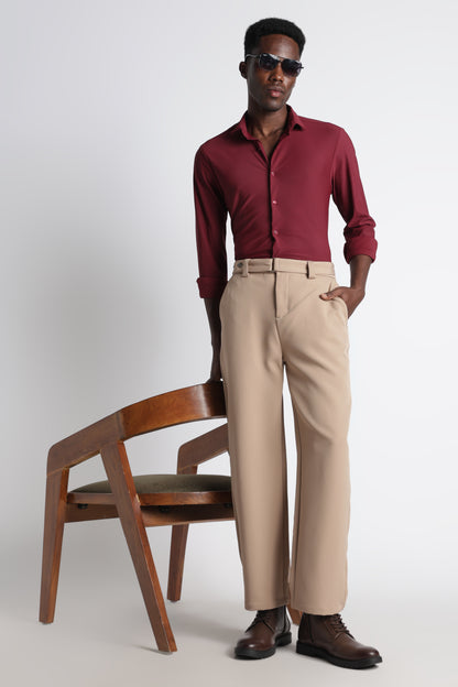 Modern Casual Trousers with Belt Detail Beige