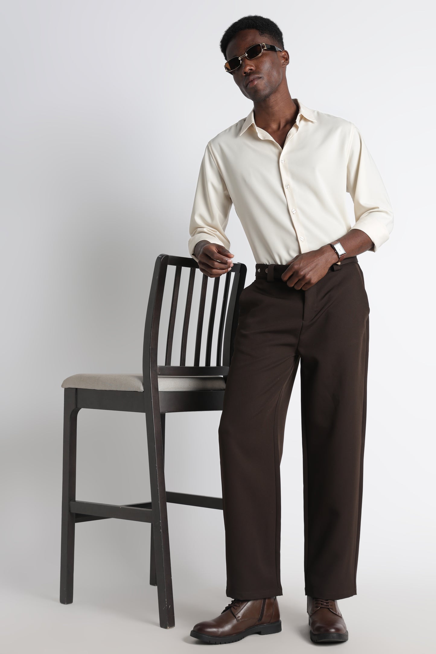 Modern Casual Trousers with Belt Detail Dk Brown