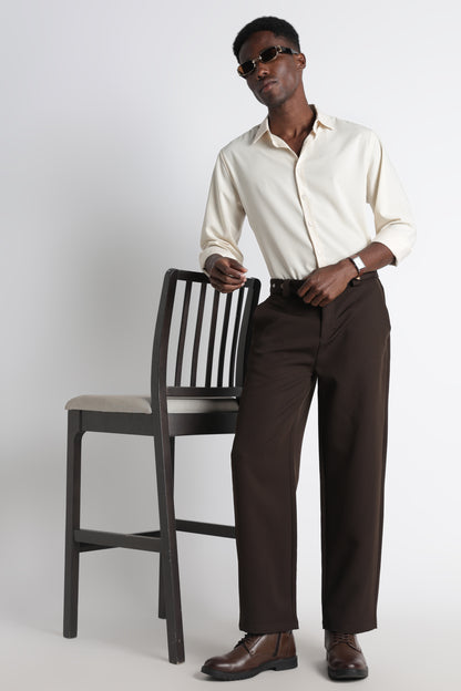 Modern Casual Trousers with Belt Detail Dk Brown