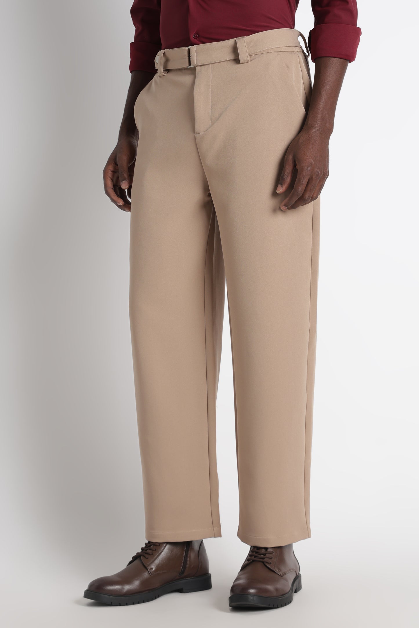 Modern Casual Trousers with Belt Detail Beige
