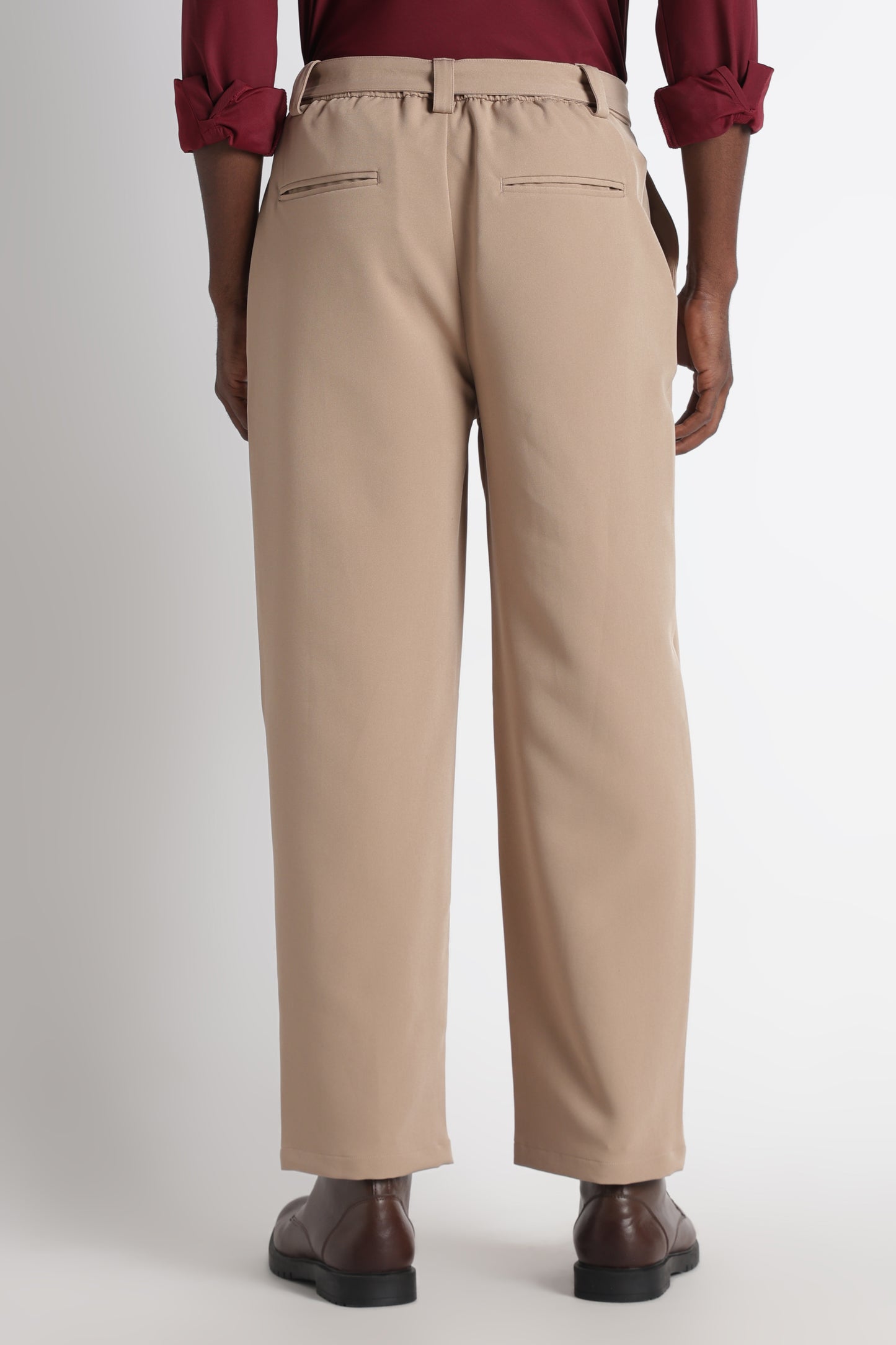 Modern Casual Trousers with Belt Detail Beige