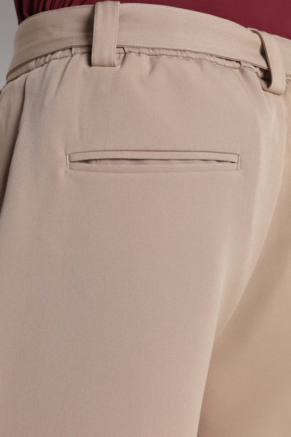 Modern Casual Trousers with Belt Detail Beige