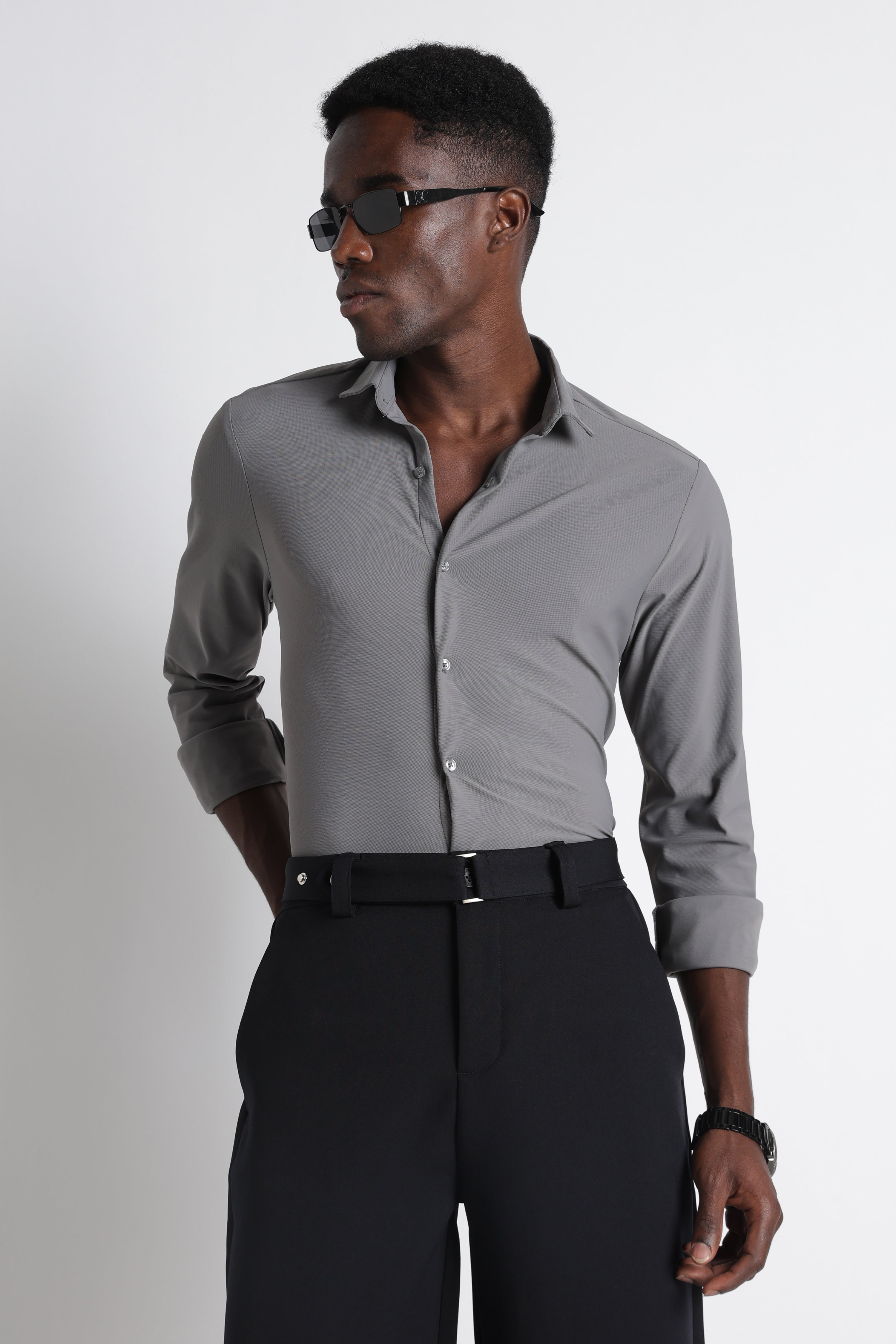 Premium Knitted Slim Fit Casual Shirt Grey