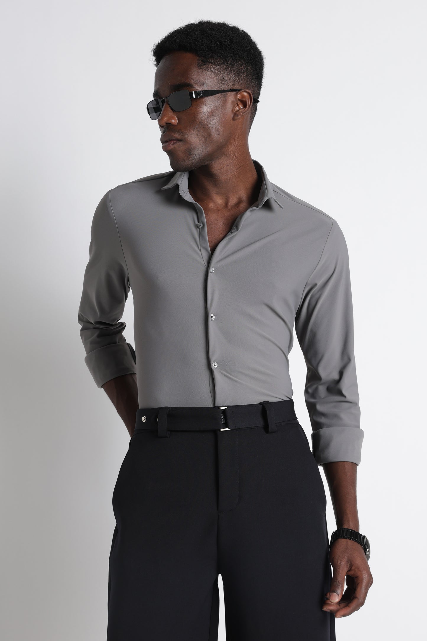 Premium Knitted Slim Fit Casual Shirt Grey