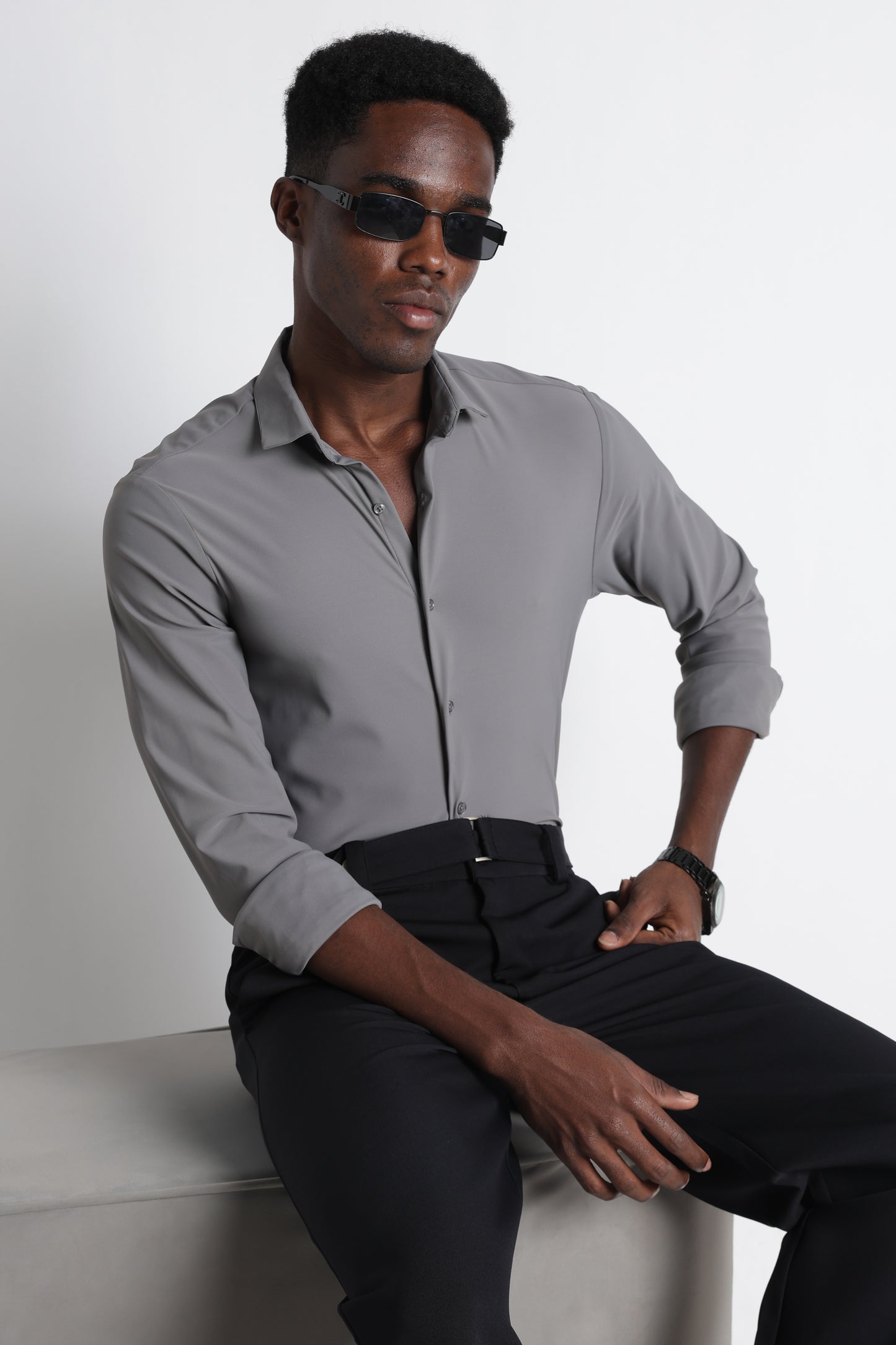 Premium Knitted Slim Fit Casual Shirt Grey