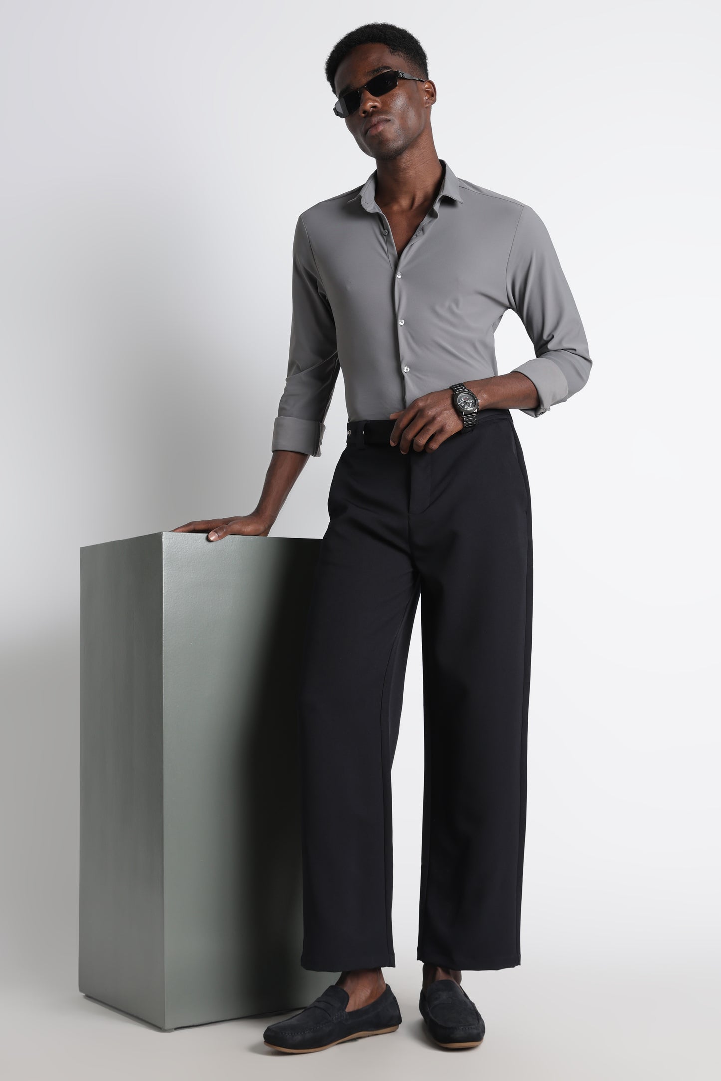 Modern Casual Trousers with Belt Detail Navy