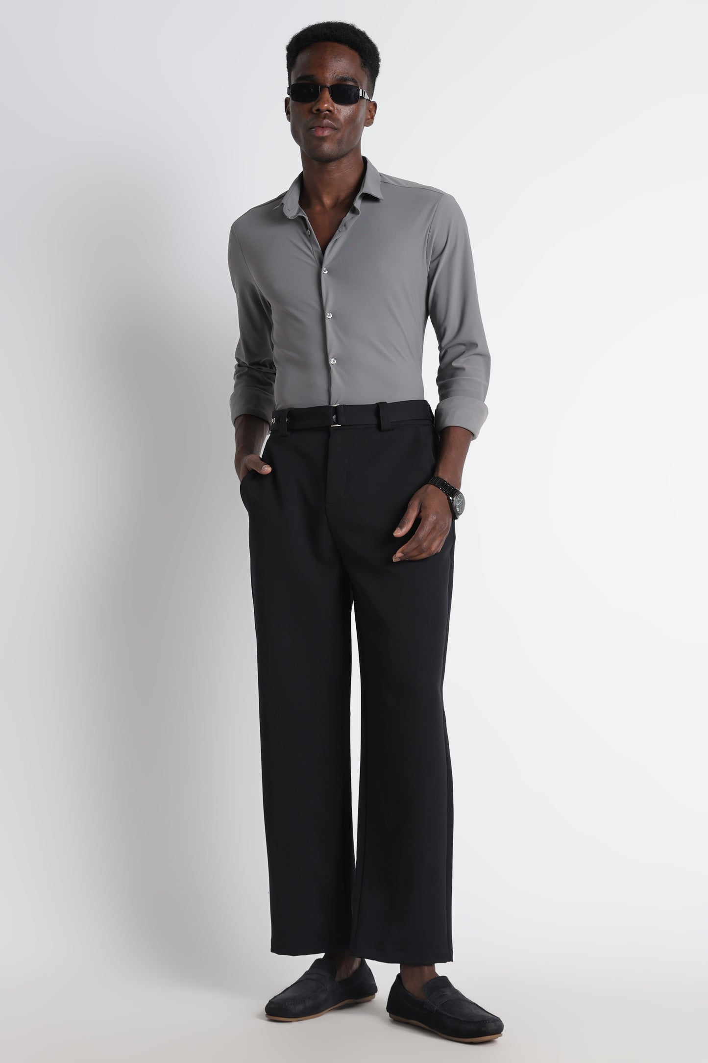 Modern Casual Trousers with Belt Detail Navy