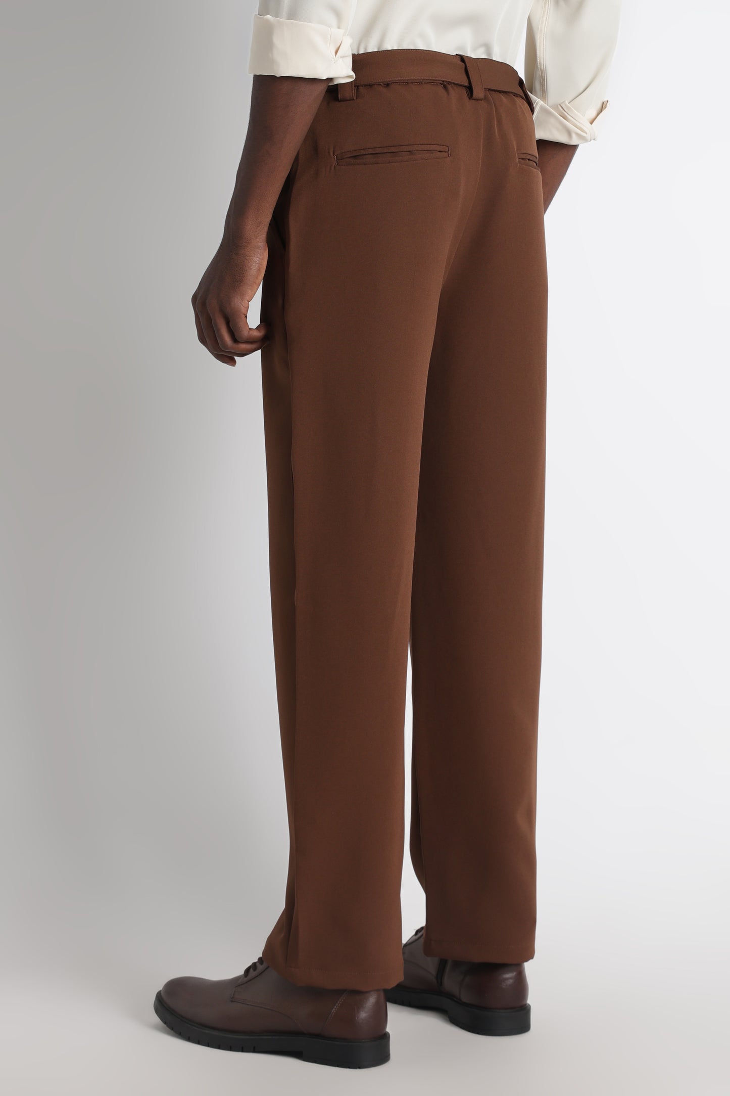 Modern Casual Trousers with Belt Detail Brown