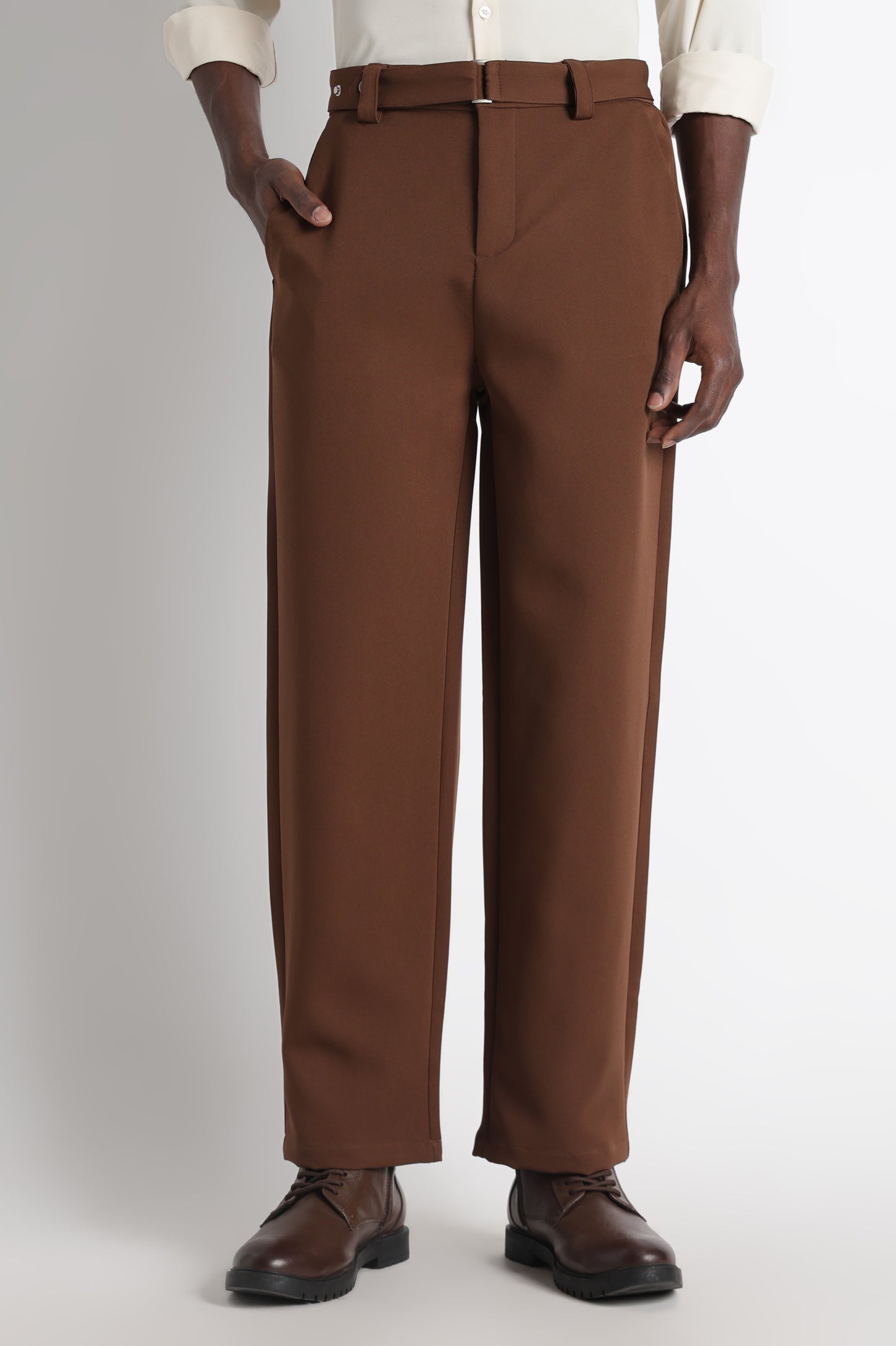 Modern Casual Trousers with Belt Detail Brown