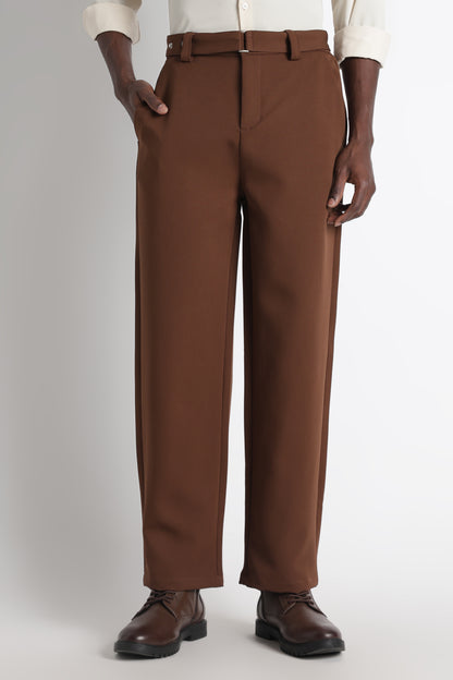 Modern Casual Trousers with Belt Detail Brown