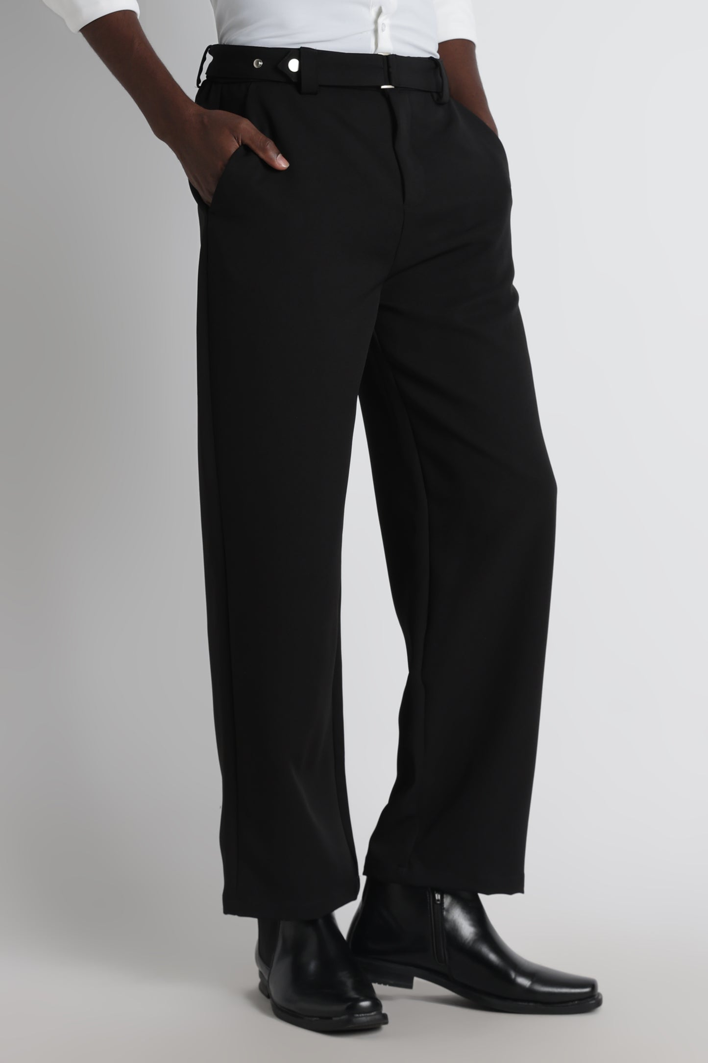 Modern Casual Trousers with Belt Detail Black