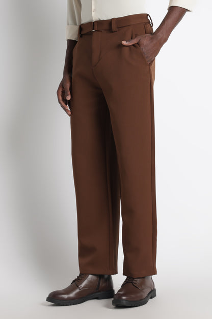 Modern Casual Trousers with Belt Detail Brown