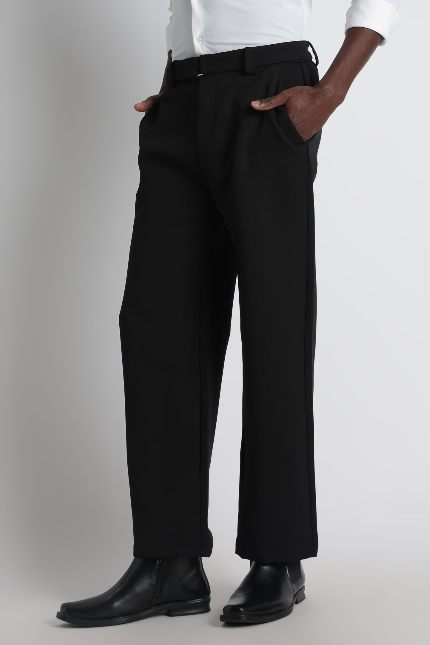 Modern Casual Trousers with Belt Detail Black