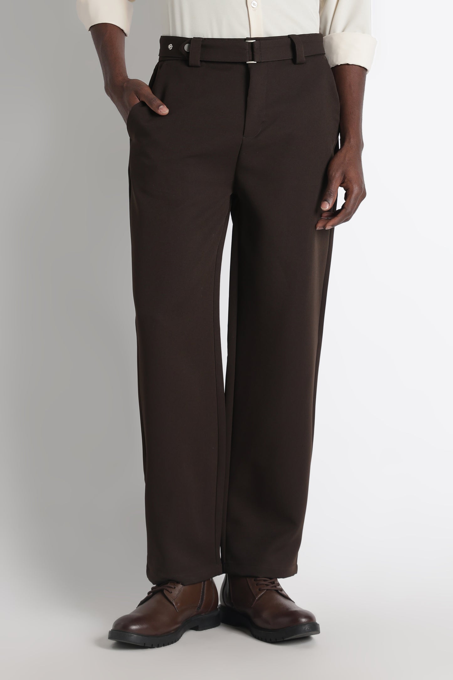 Modern Casual Trousers with Belt Detail Dk Brown