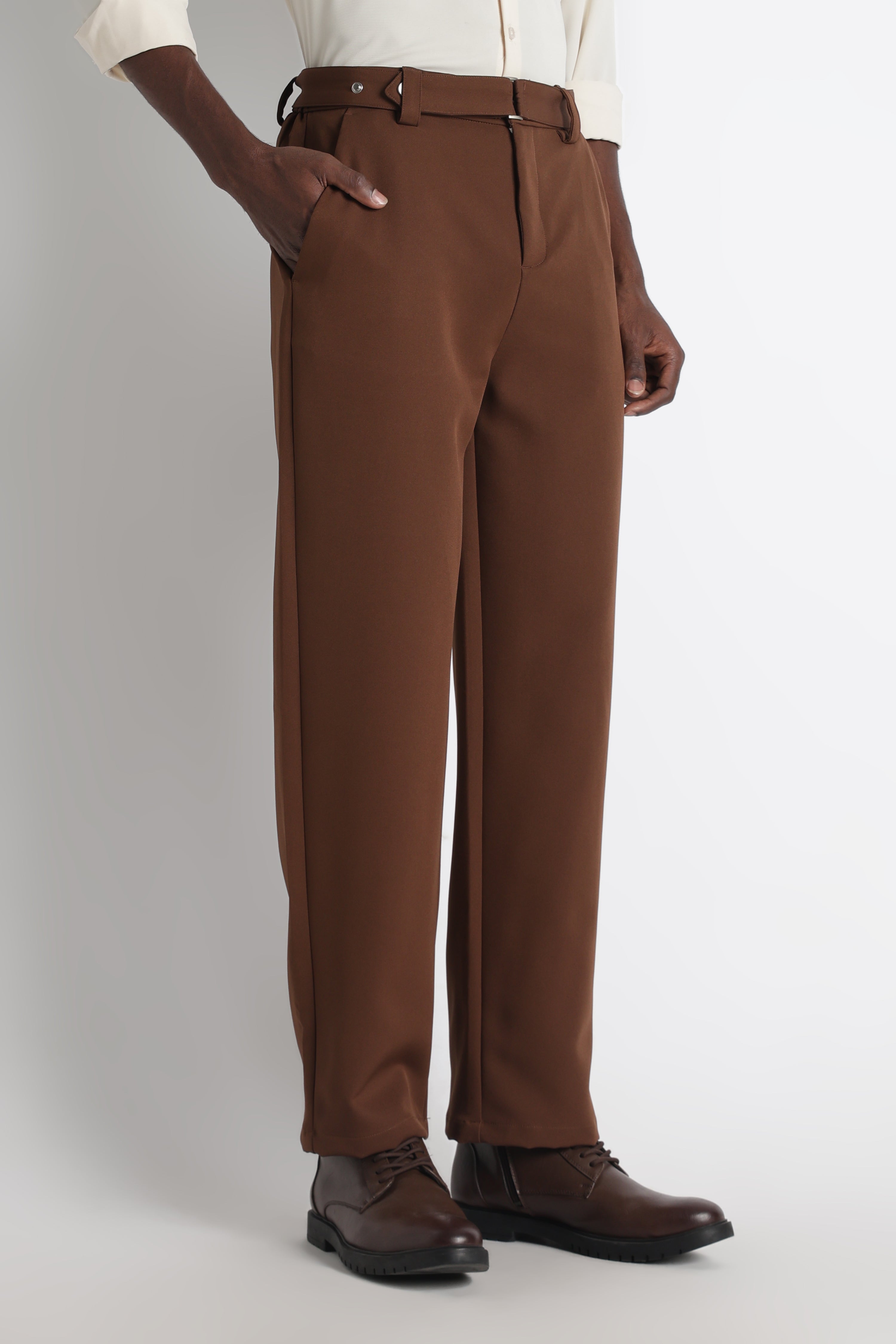 Modern Casual Trousers with Belt Detail Brown