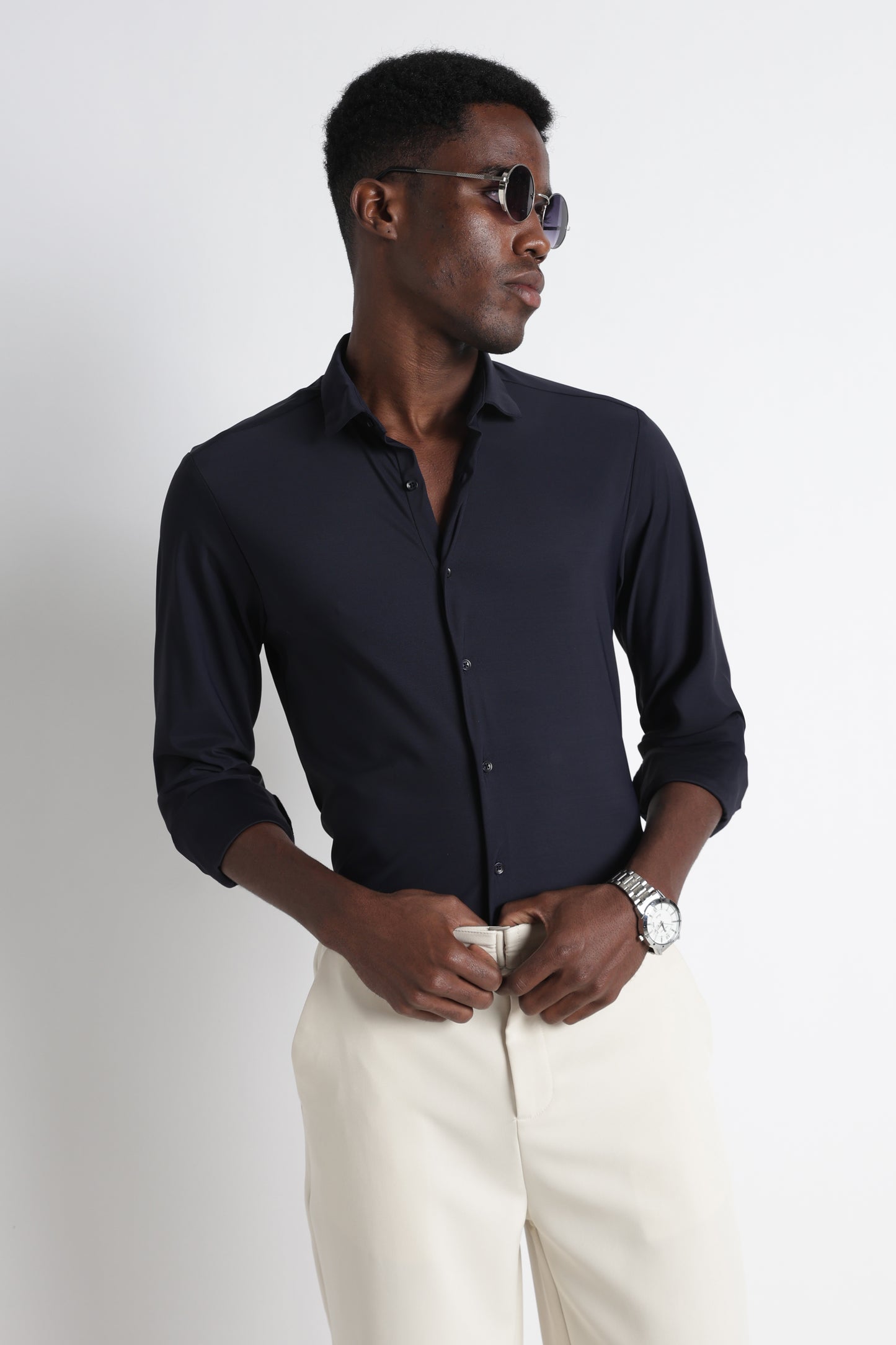 Premium Knitted Slim Fit Casual Shirt Navy