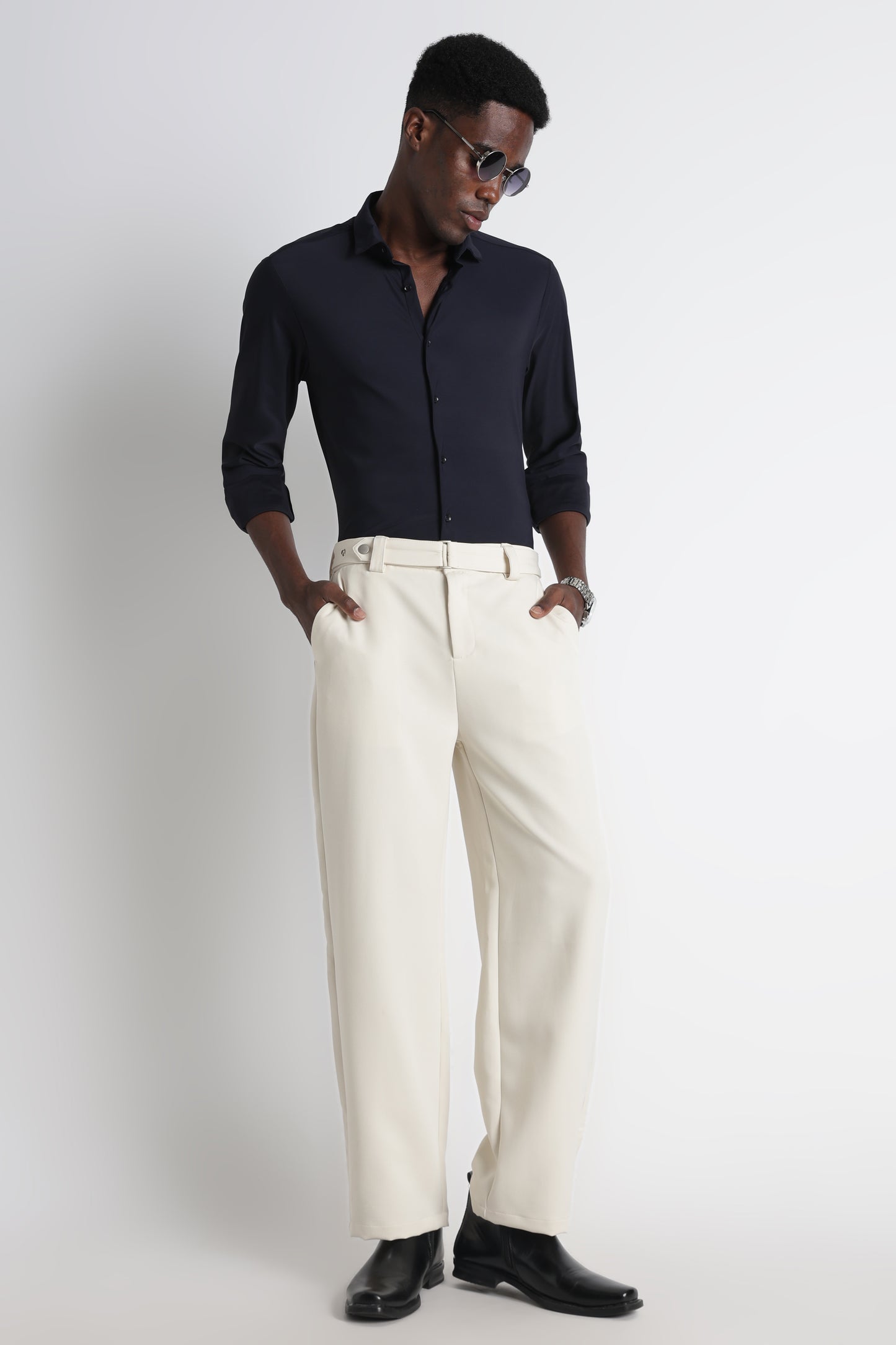 Modern Casual Trousers with Belt Detail Off White