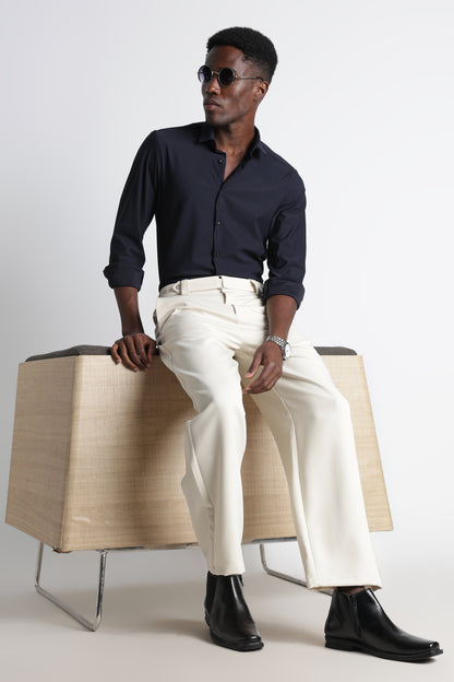 Modern Casual Trousers with Belt Detail Off White
