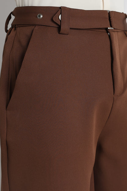 Modern Casual Trousers with Belt Detail Brown