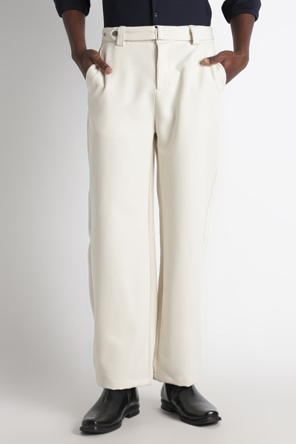 Modern Casual Trousers with Belt Detail Off White