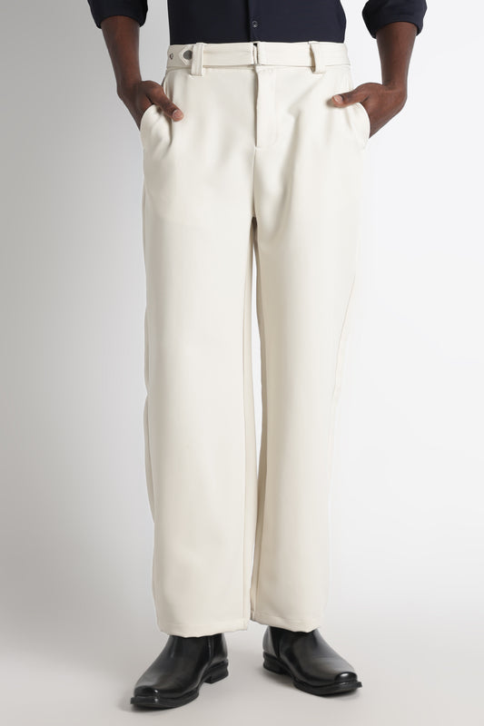 Modern Casual Trousers with Belt Detail Off White