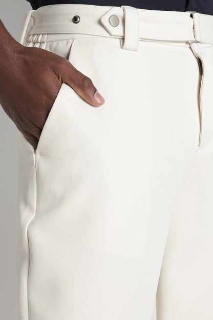 Modern Casual Trousers with Belt Detail Off White