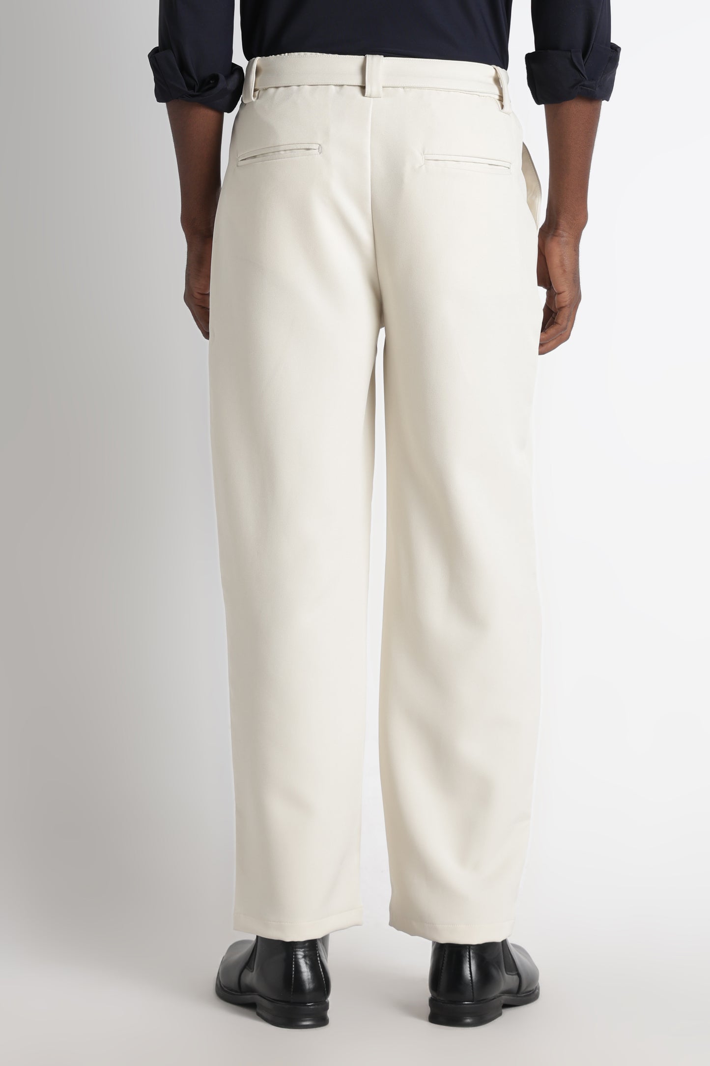 Modern Casual Trousers with Belt Detail Off White