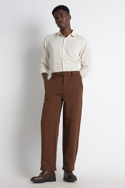 Modern Casual Trousers with Belt Detail Brown