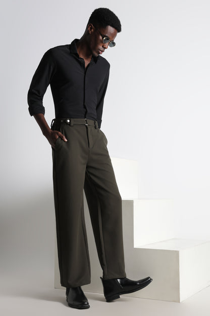 Modern Casual Trousers with Belt Detail Green