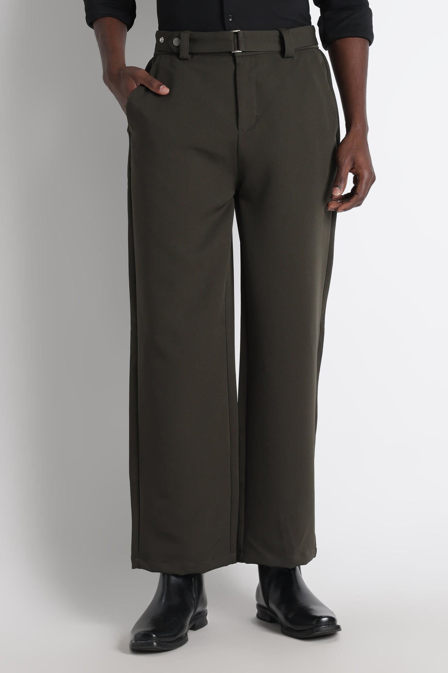 Modern Casual Trousers with Belt Detail Green