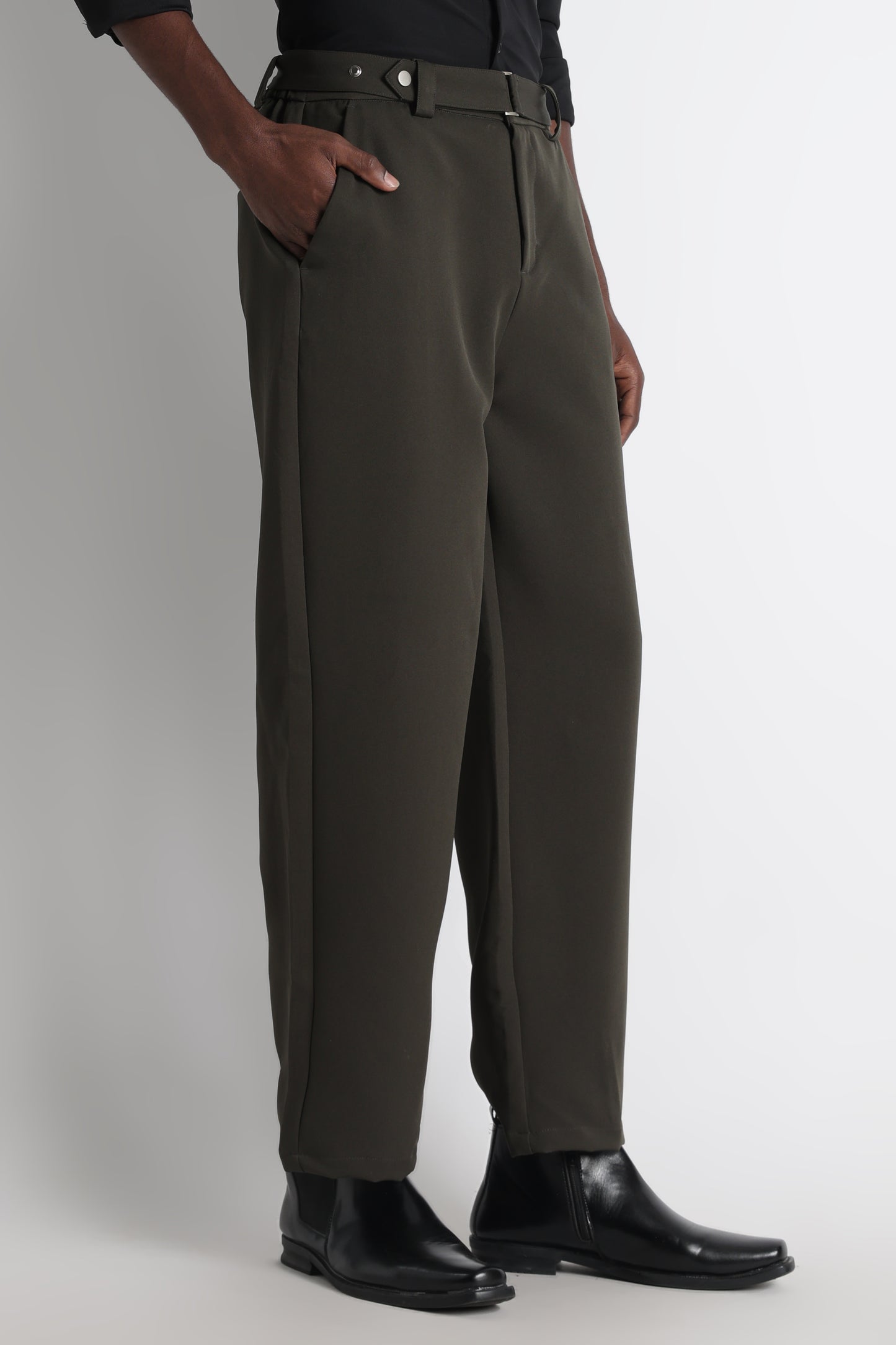 Modern Casual Trousers with Belt Detail Green