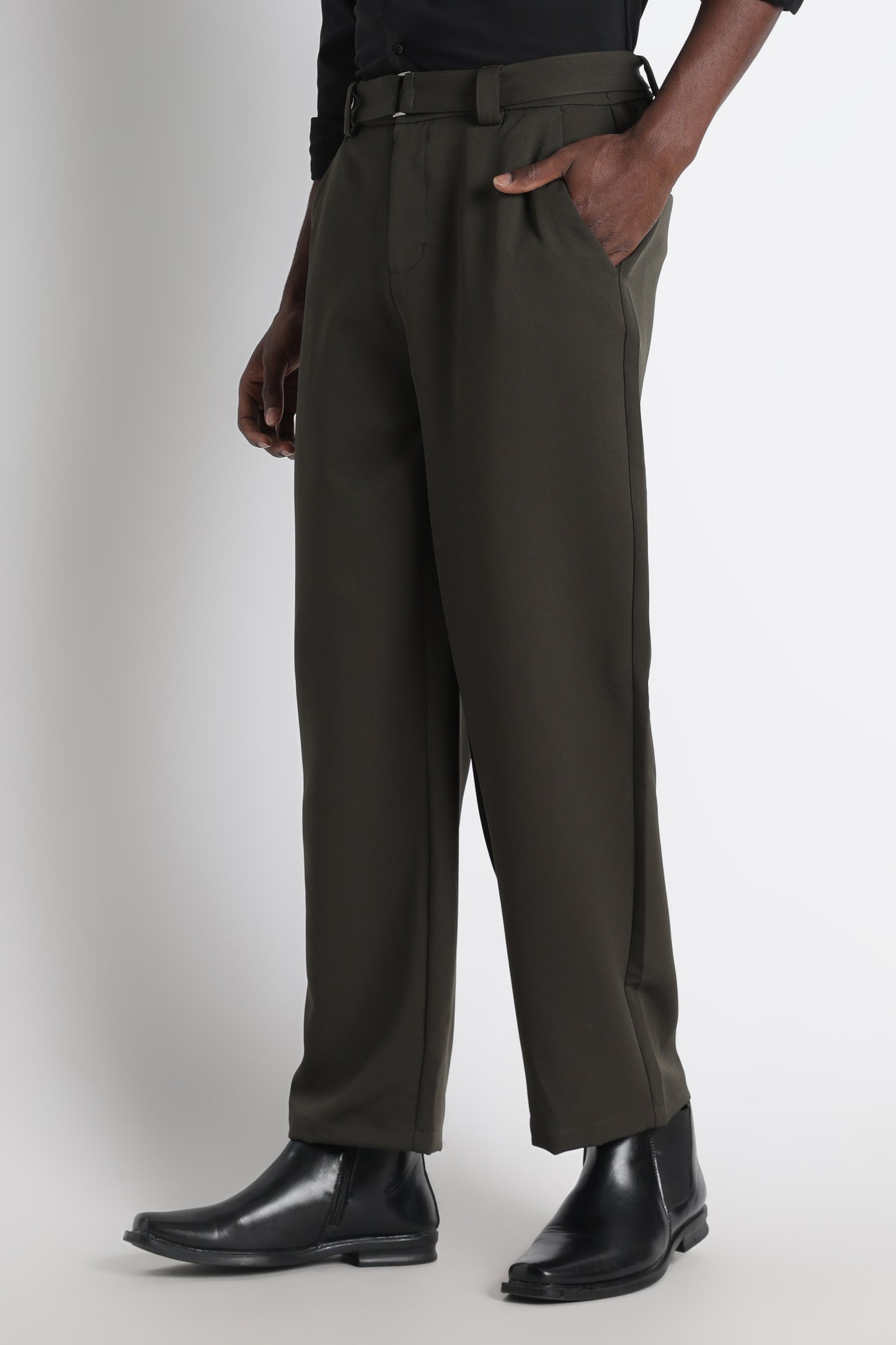 Modern Casual Trousers with Belt Detail Green