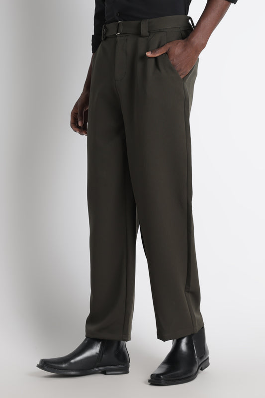 Modern Casual Trousers with Belt Detail Green