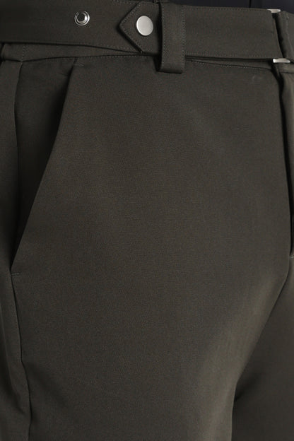 Modern Casual Trousers with Belt Detail Green