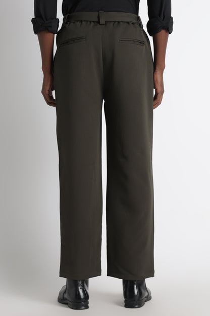 Modern Casual Trousers with Belt Detail Green