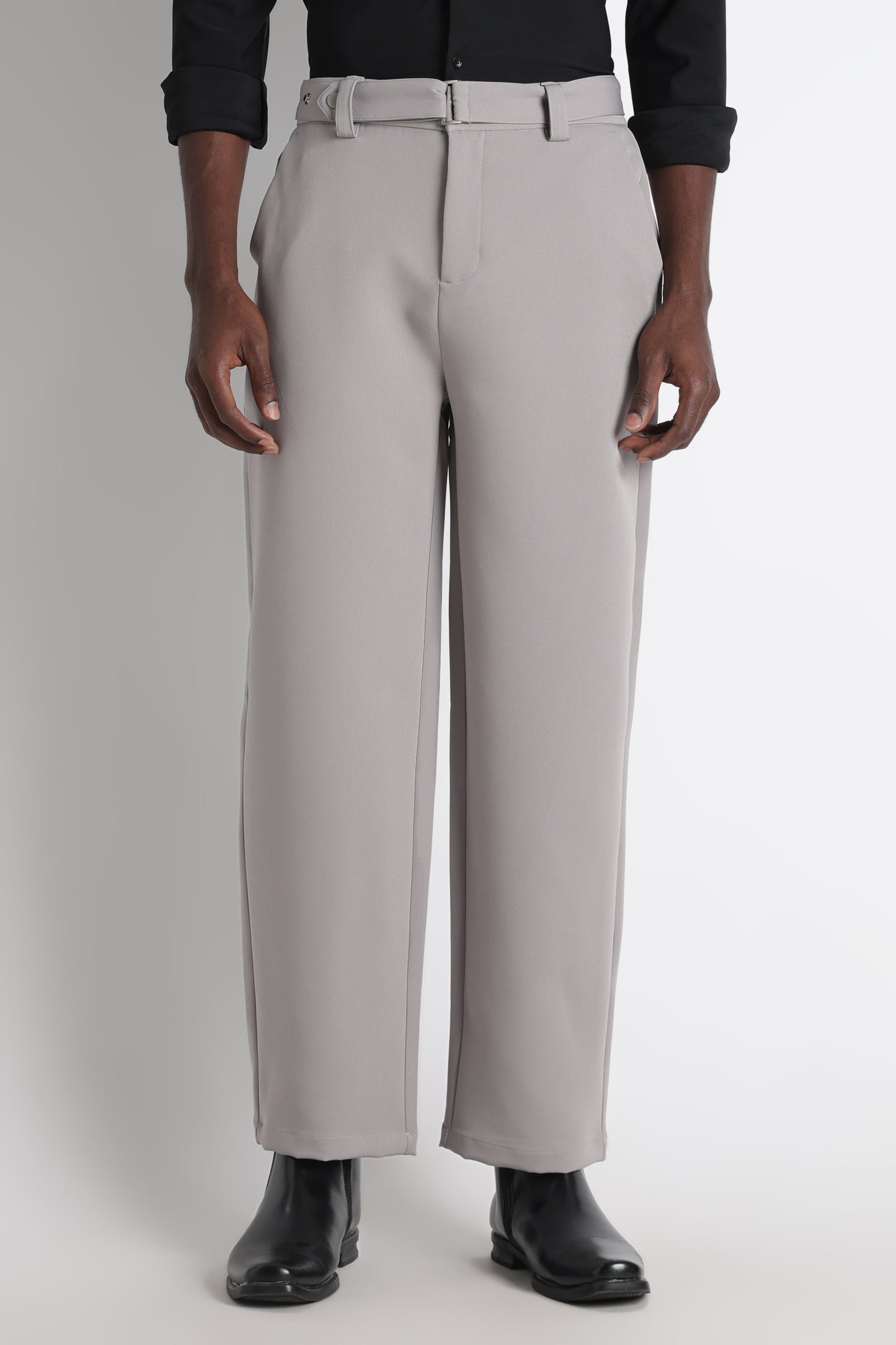 Modern Casual Trousers with Belt Detail Grey