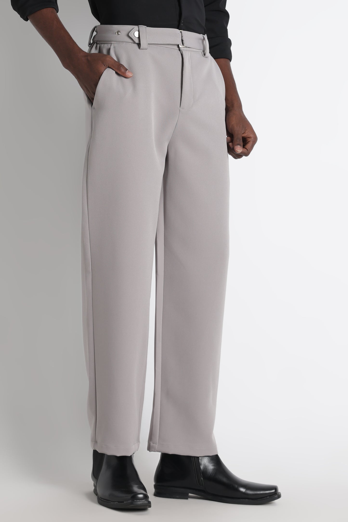 Modern Casual Trousers with Belt Detail Grey