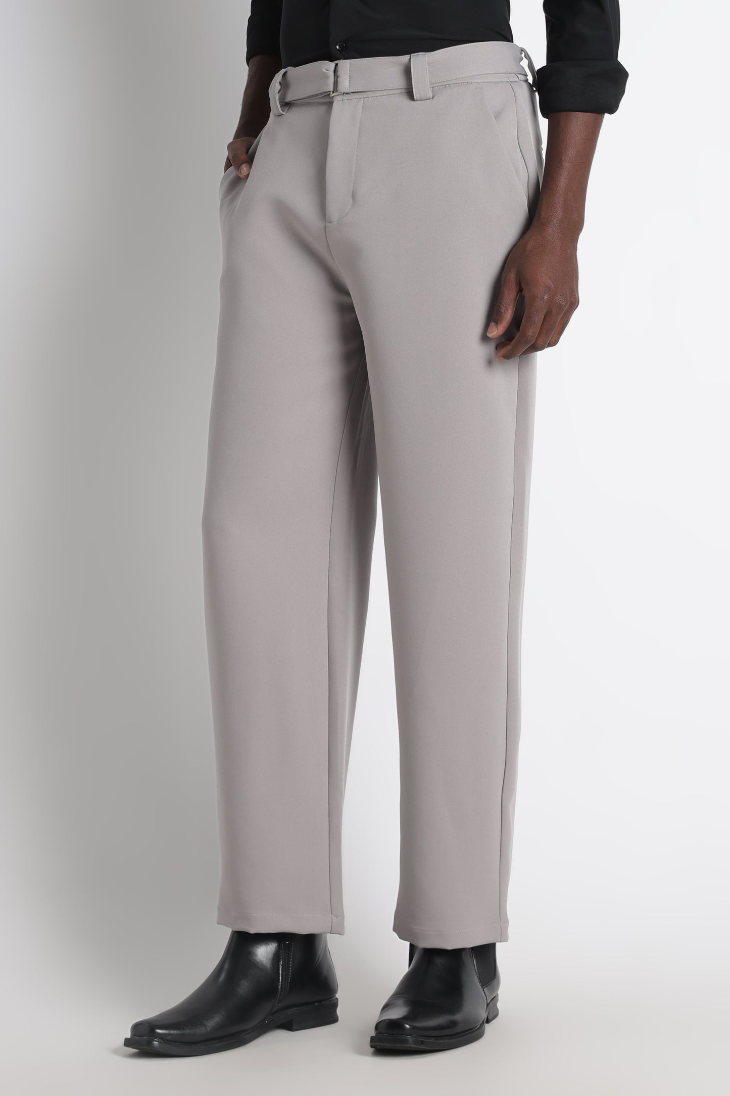 Modern Casual Trousers with Belt Detail Grey