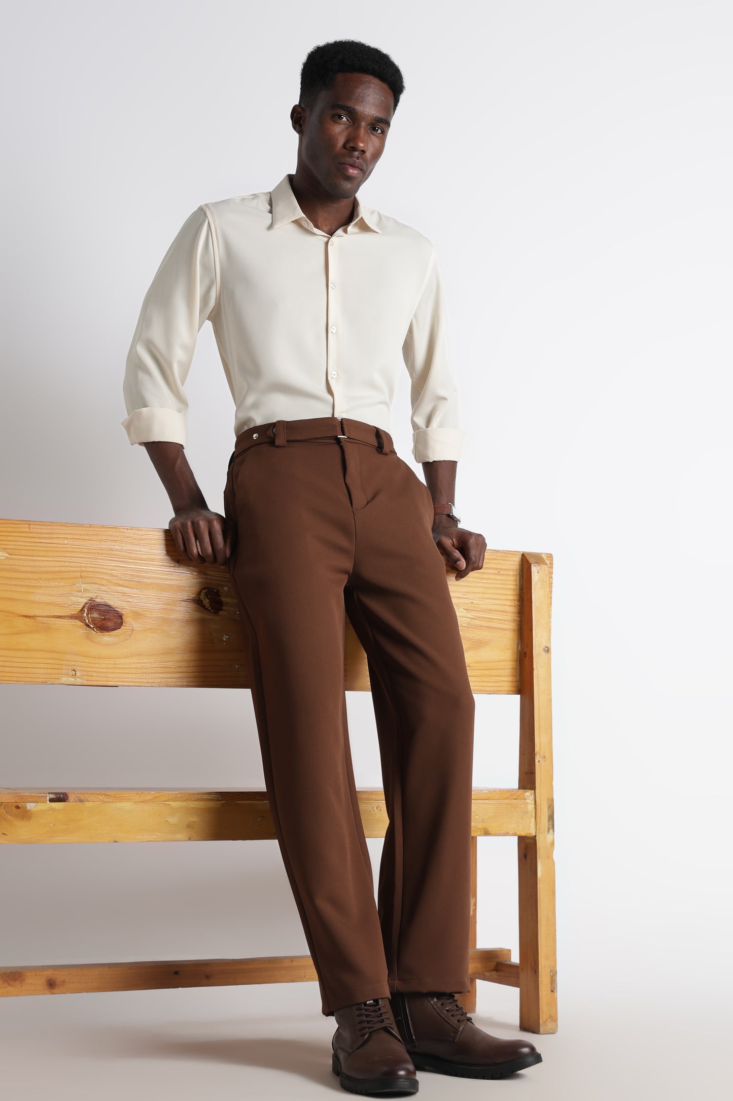 Modern Casual Trousers with Belt Detail Brown