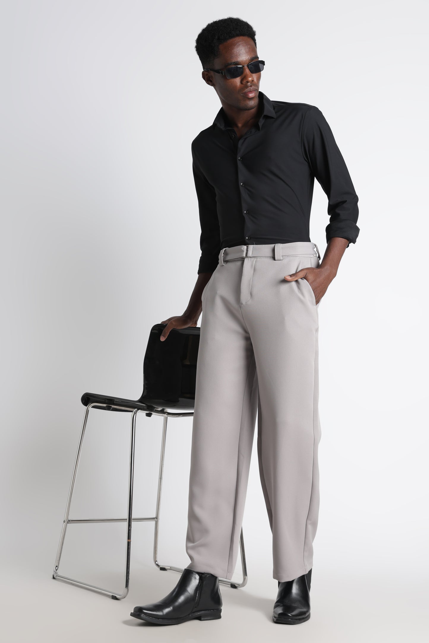 Modern Casual Trousers with Belt Detail Grey