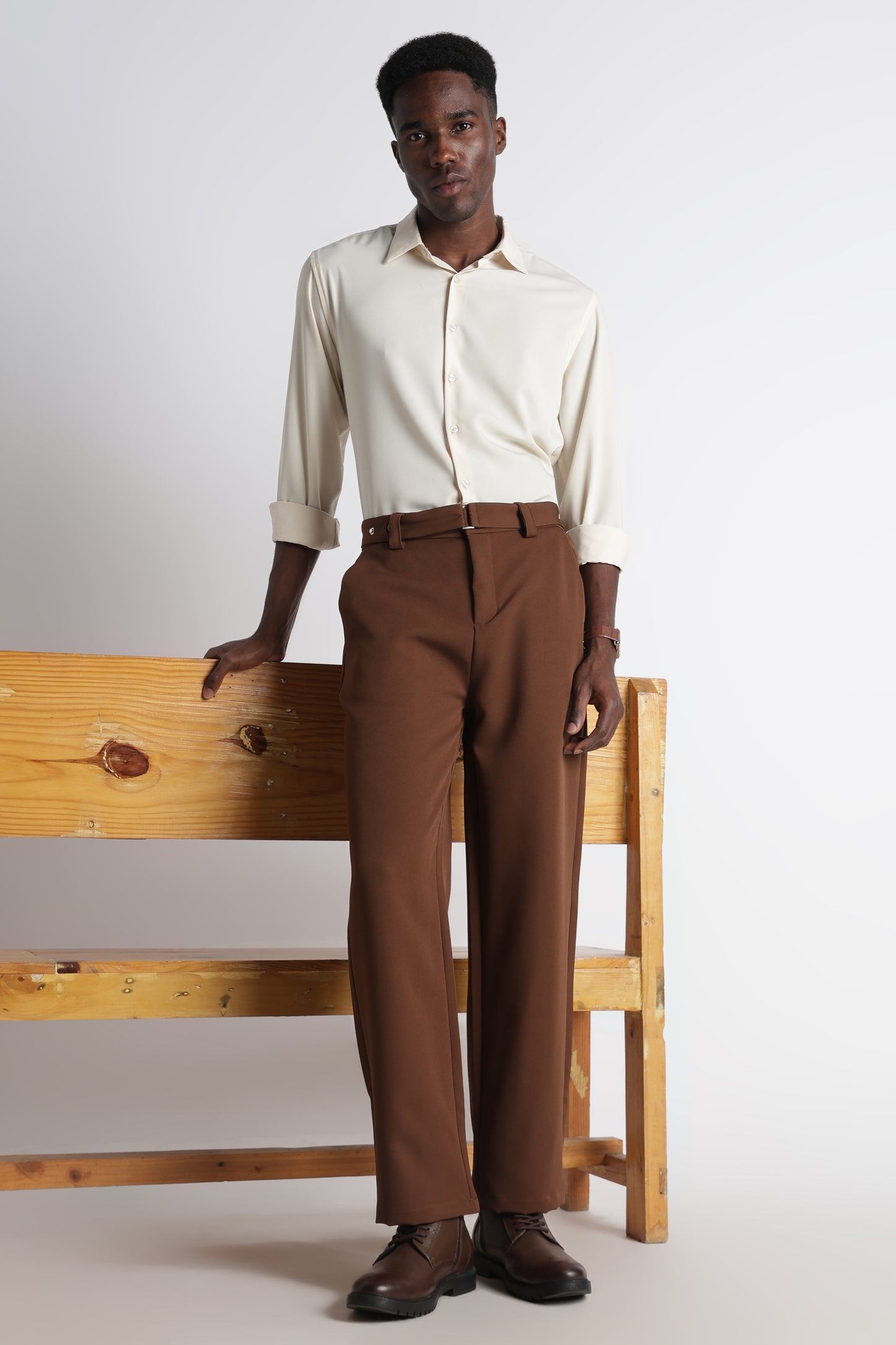 Modern Casual Trousers with Belt Detail Brown