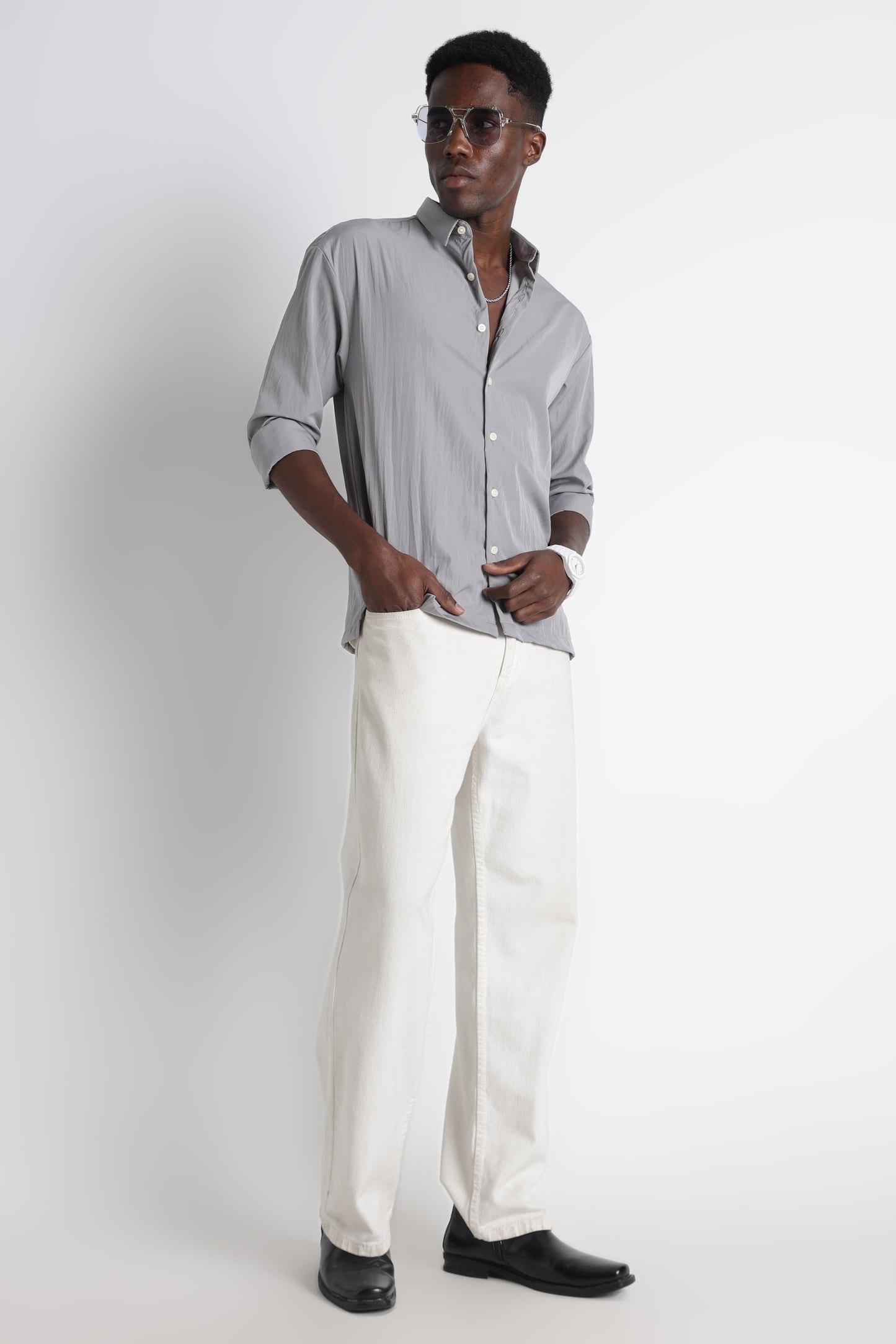 Back Graphic Slim Fit Casual Shirt Grey